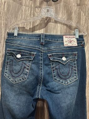True Religion Blue Jeans Sz 29 Becca mid rise Boot with Red Embroidery